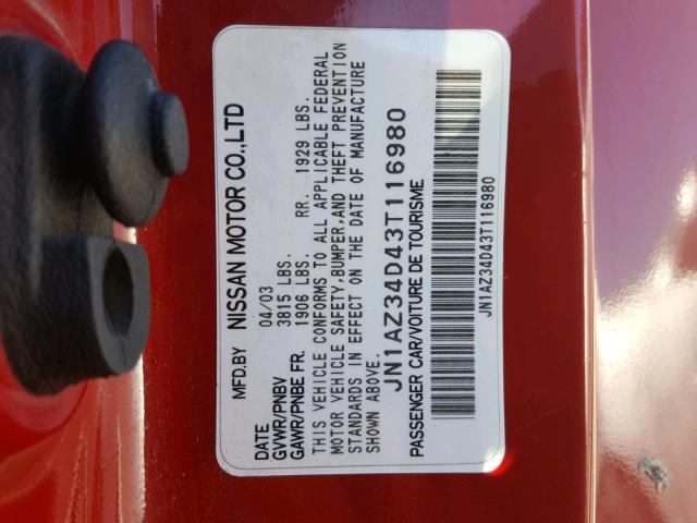 JN1AZ34D43T116980 - 2003 NISSAN 350Z COUPE RED photo 10