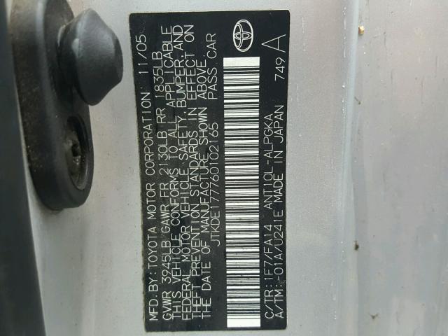 JTKDE177760102165 - 2006 TOYOTA SCION TC 银色 照片 10