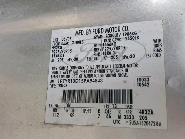 1FTYR10D15PA94843 - 2005 FORD RANGER GRAY photo 10