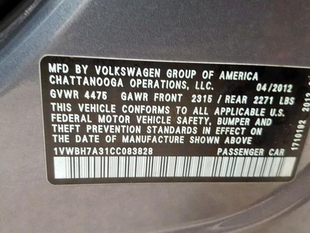 1VWBH7A31CC083828 - 2012 VOLKSWAGEN PASSAT SE GRAY photo 10