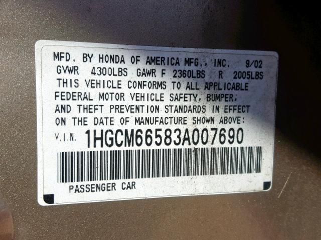 1HGCM66583A007690 - 2003 HONDA ACCORD GOLD photo 10