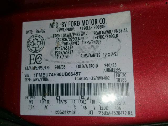 1FMEU74E96UB66457 - 2006 FORD EXPLORER E BURGUNDY photo 10