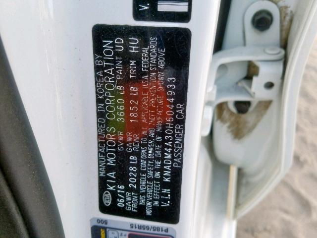 KNADM4A30H6044933 - 2017 KIA RIO LX WHITE photo 10