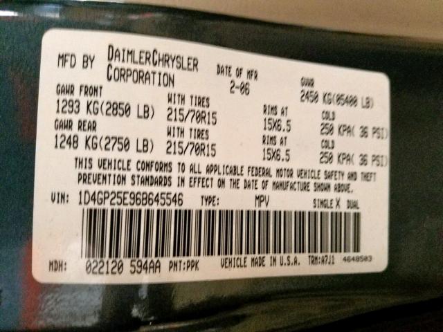 1D4GP25E96B645546 - 2006 DODGE CARAVAN SE GREEN photo 10