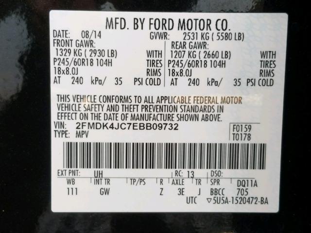 2FMDK4JC7EBB09732 - 2014 FORD EDGE SEL BLACK photo 10