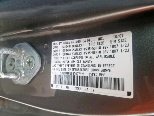 5J8TB18568A007328 - 2008 ACURA RDX TECHNO GRAY photo 10