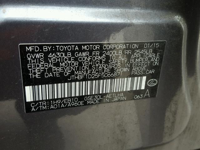 JTHBF1D25F5066871 - 2015 LEXUS IS 250 SILVER photo 10