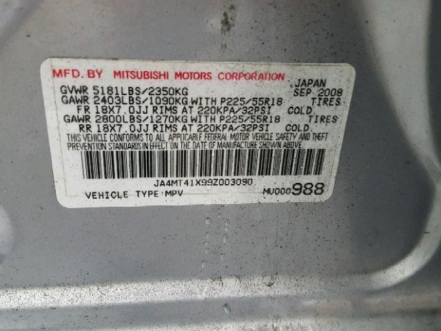 JA4MT41X99Z003090 - 2009 MITSUBISHI OUTLANDER SILVER photo 10