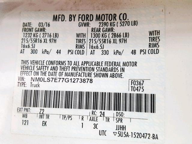 NM0LS7E77G1273878 - 2016 FORD TRANSIT CO WHITE photo 10