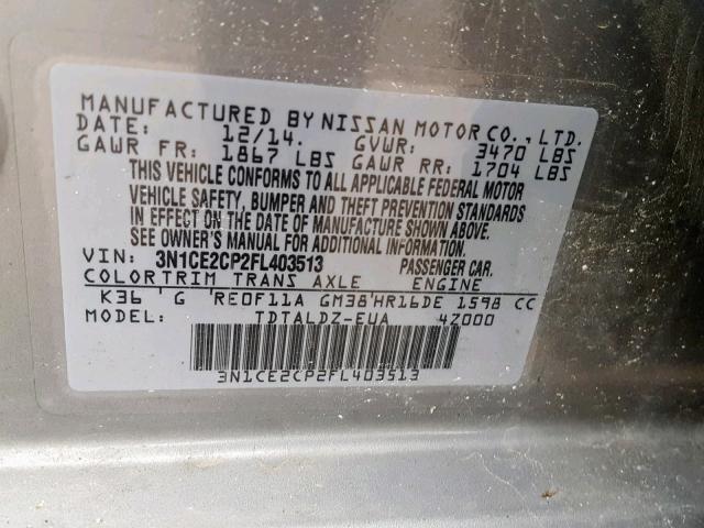 3N1CE2CP2FL403513 - 2015 NISSAN VERSA NOTE GRAY photo 10