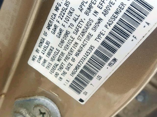 1HGCM56737A145395 - 2007 HONDA ACCORD EX TAN photo 10