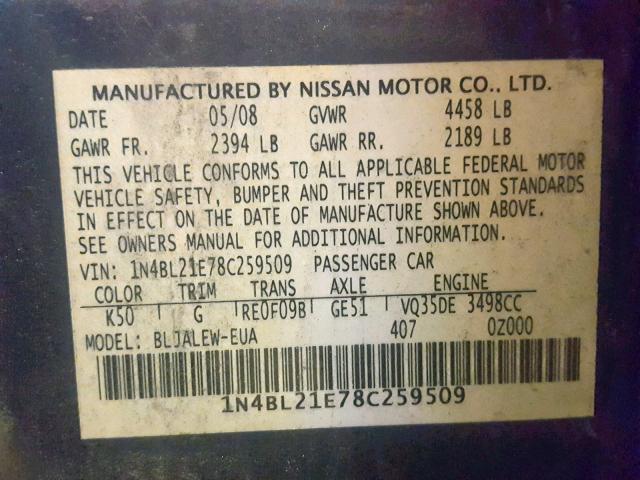 1N4BL21E78C259509 - 2008 NISSAN ALTIMA 3.5 GRAY photo 10