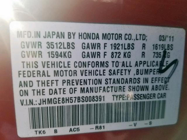 JHMGE8H57BS008391 - 2011 HONDA FIT SPORT RED photo 10