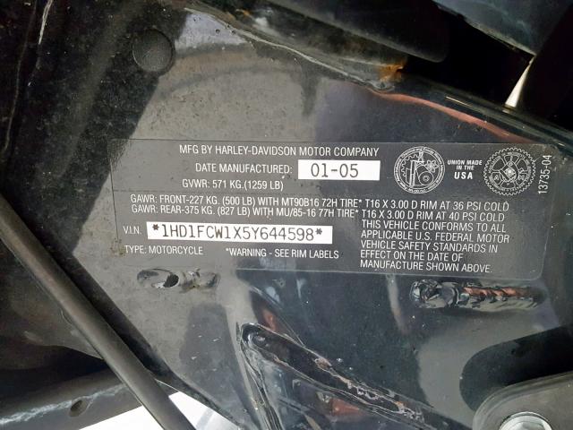 1HD1FCW1X5Y644598 - 2005 HARLEY-DAVIDSON FLHTCUI BLACK photo 10