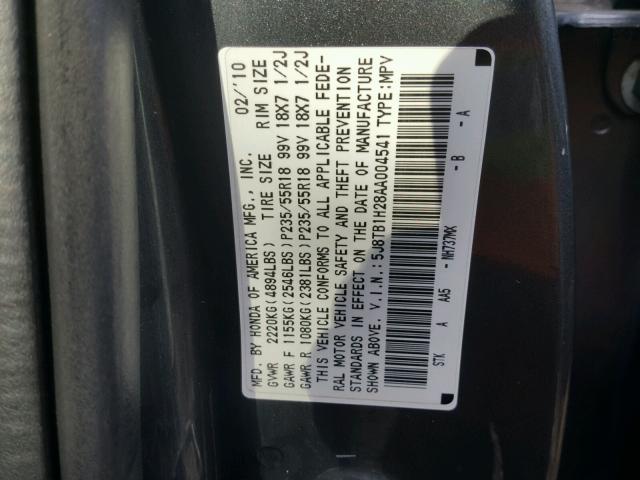 5J8TB1H28AA004541 - 2010 ACURA RDX GRAY photo 10