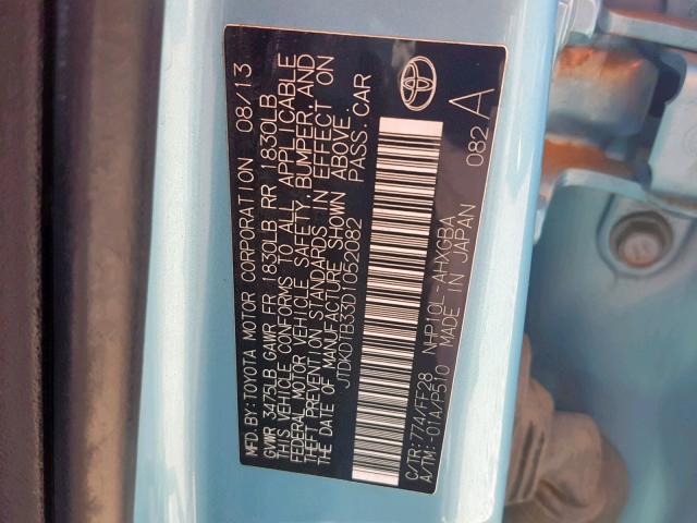 JTDKDTB33D1052082 - 2013 TOYOTA PRIUS C BLUE photo 10