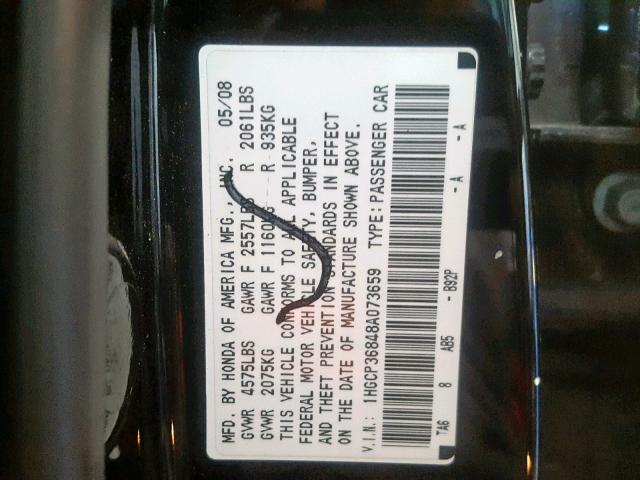 1HGCP36848A073659 - 2008 HONDA ACCORD EXL BLACK photo 10