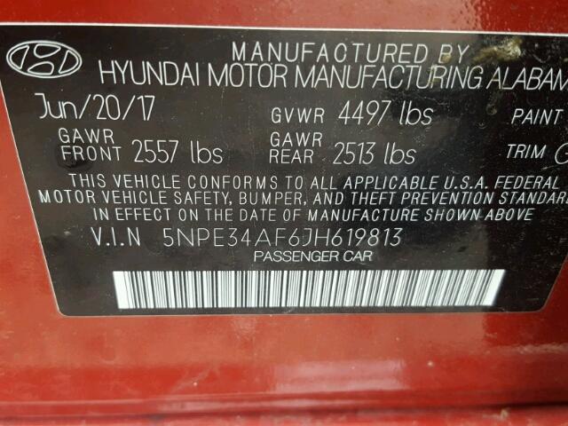 5NPE34AF6JH619813 - 2018 HYUNDAI SONATA SPO RED photo 10