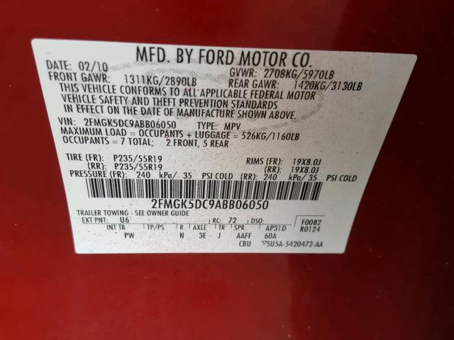 2FMGK5DC9ABB06050 - 2010 FORD FLEX LIMIT RED photo 10