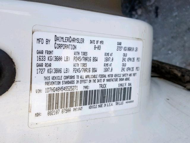 1D7HG48N54S525271 - 2004 DODGE DAKOTA QUA WHITE photo 10