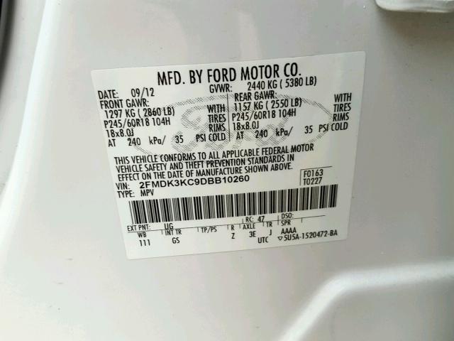 2FMDK3KC9DBB10260 - 2013 FORD EDGE LIMIT WHITE photo 10