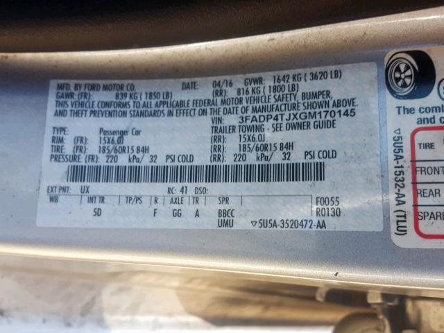 3FADP4TJXGM170145 - 2016 FORD FIESTA S SILVER photo 10