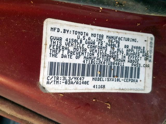 4T1BG12K0TU804011 - 1996 TOYOTA CAMRY DX BURGUNDY photo 10