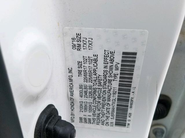 5J6RM4H7XGL118211 - 2016 HONDA CR-V EXL WHITE photo 10