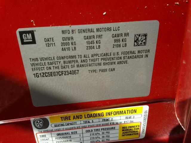 1G1ZC5E07CF234067 - 2012 CHEVROLET MALIBU 1LT RED photo 10