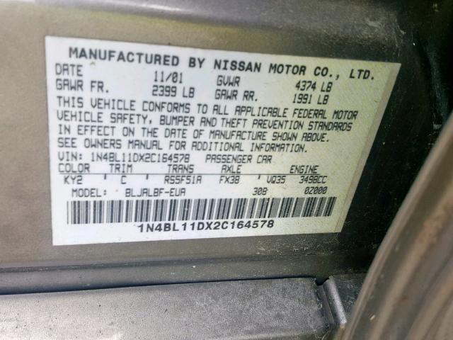 1N4BL11DX2C164578 - 2002 NISSAN ALTIMA SE GOLD photo 10