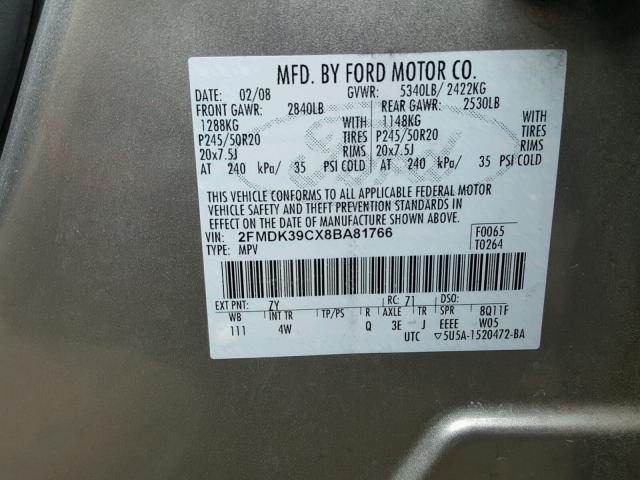 2FMDK39CX8BA81766 - 2008 FORD EDGE LIMIT SILVER photo 10