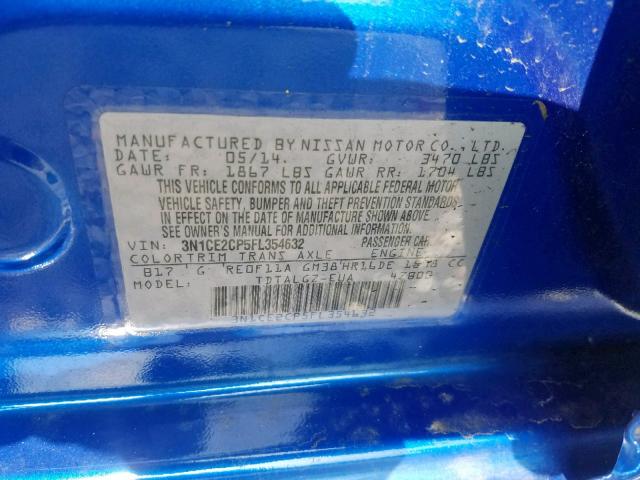 3N1CE2CP5FL354632 - 2015 NISSAN VERSA NOTE BLUE photo 10