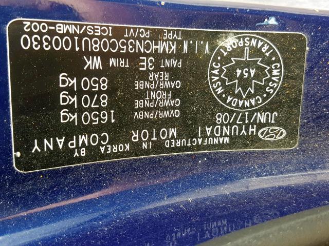 KMHCN35C08U100330 - 2008 HYUNDAI ACCENT BAS BLUE photo 10