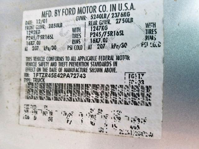 1FTZR45E42PA72743 - 2002 FORD RANGER SUP GRAY photo 10