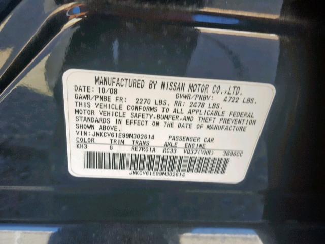 JNKCV61E99M302614 - 2009 INFINITI G37 BASE BLACK photo 10