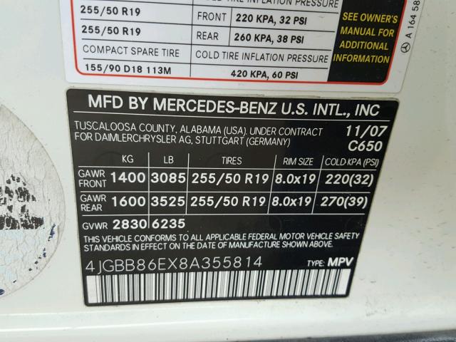 4JGBB86EX8A355814 - 2008 MERCEDES-BENZ ML 350 WHITE photo 10