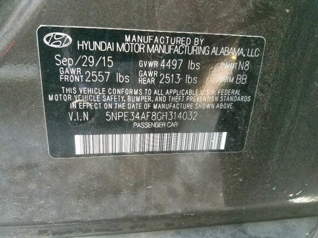 5NPE34AF8GH314032 - 2016 HYUNDAI SONATA SPO CHARCOAL photo 10