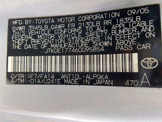 JTKDE177460095854 - 2006 TOYOTA SCION TC ნაცრისფერი ფოტო 10