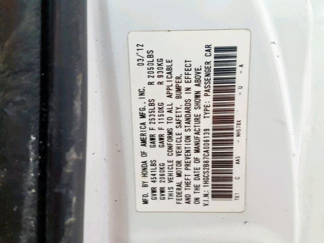 1HGCS2B87CA006139 - 2012 HONDA ACCORD EXL WHITE photo 10