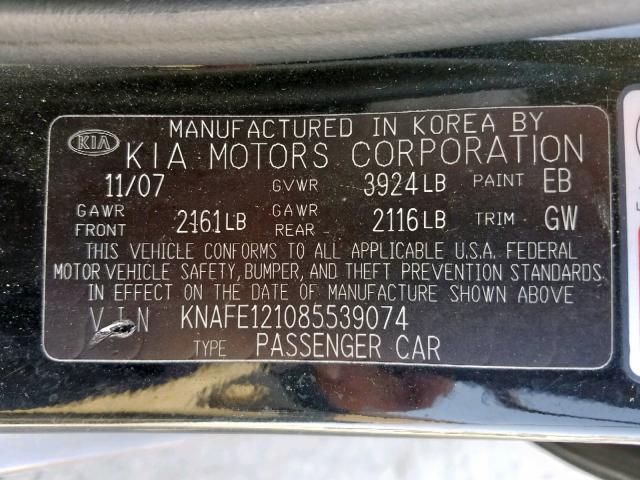 KNAFE121085539074 - 2008 KIA SPECTRA EX BLACK photo 10