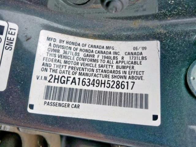 2HGFA16349H528617 - 2009 HONDA CIVIC VP GRAY photo 10