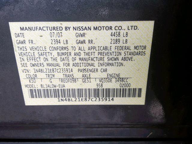 1N4BL21E87C235914 - 2007 NISSAN ALTIMA 3.5 GRAY photo 10