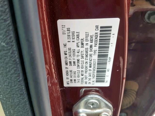 1HGCP2F8XCA085317 - 2012 HONDA ACCORD EXL MAROON photo 10