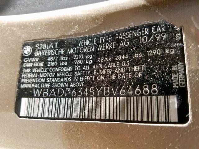 WBADP6345YBV64688 - 2000 BMW 528 IT AUT GOLD photo 10