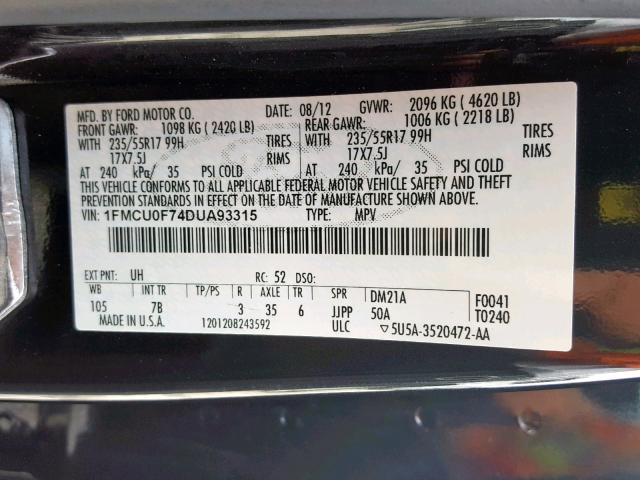 1FMCU0F74DUA93315 - 2013 FORD ESCAPE S BLACK photo 10