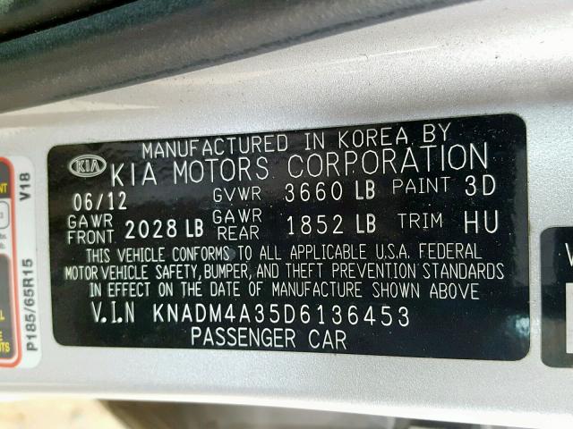 KNADM4A35D6136453 - 2013 KIA RIO LX SILVER photo 10