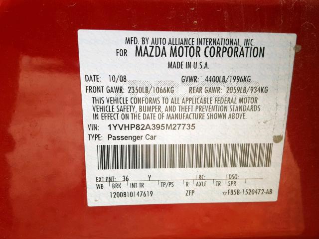 1YVHP82A395M27735 - 2009 MAZDA 6 I RED photo 10