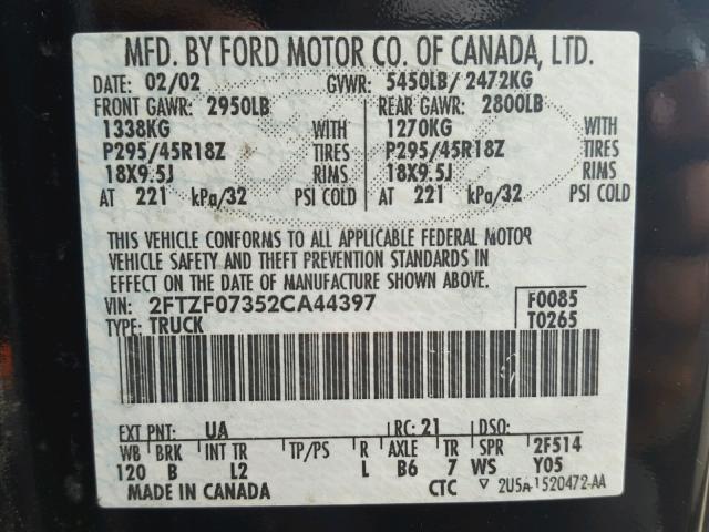 2FTZF07352CA44397 - 2002 FORD F150 SVT L BLACK photo 10