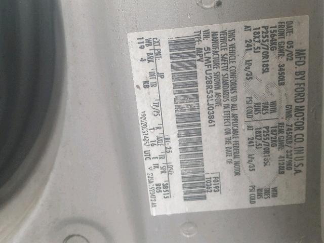 5LMFU28R53LJ03861 - 2003 LINCOLN NAVIGATOR Сұр фото 10