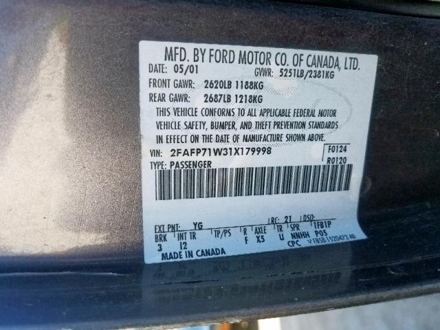 2FAFP71W31X179998 - 2001 FORD CROWN VICT GRAY photo 10